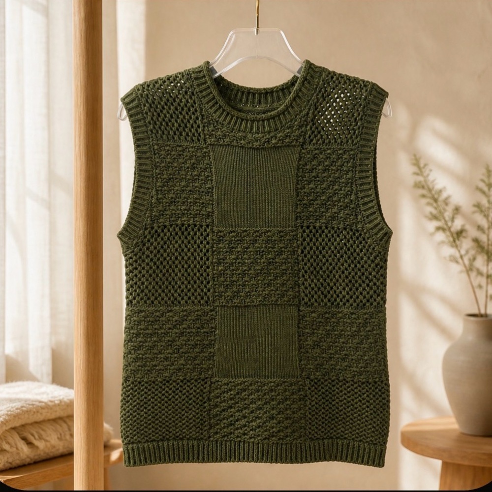 Belldini Olive Patchwork Knit Sleeveless Crewneck Vest